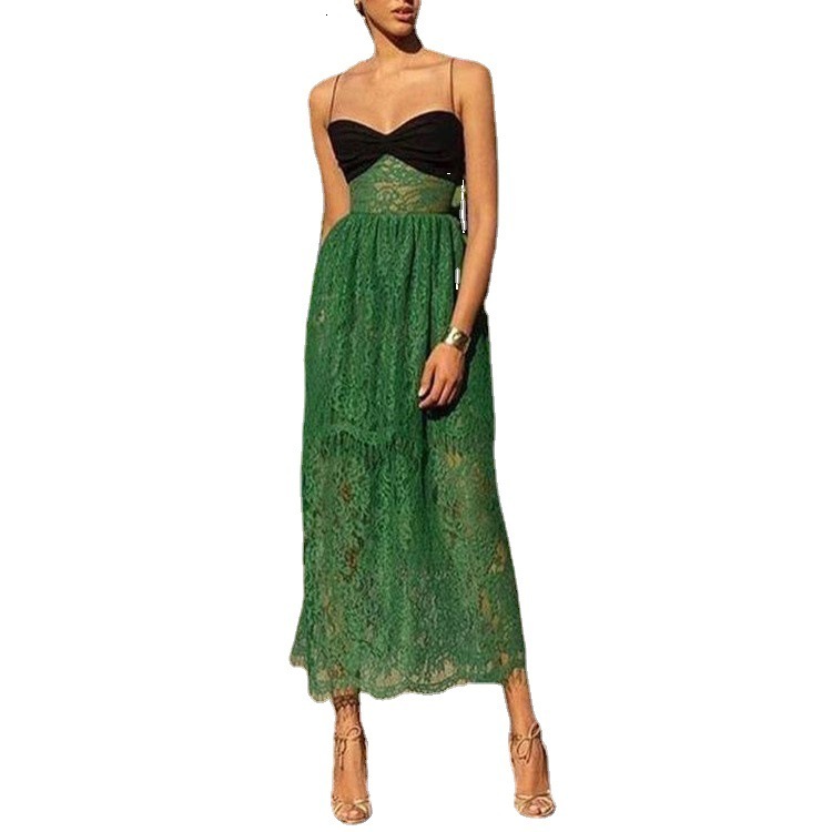2025 Summer New Womens Dress with Strap Sexy Lace Green Hollow Out Vacation Multi Layer Long Dress