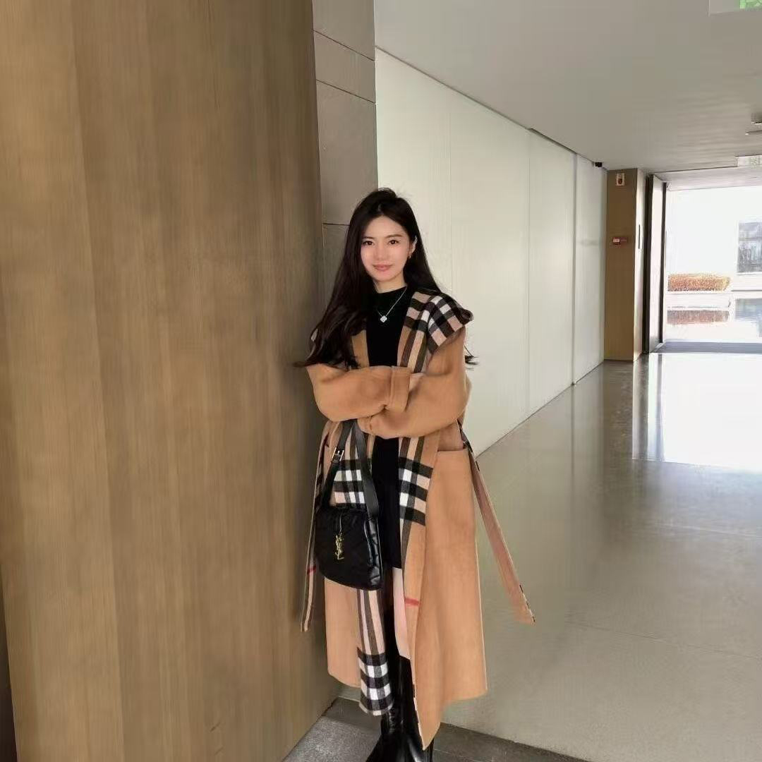 2026 hooded coat autumn and winter new blend wool women's long plaid loose double seam trench coat