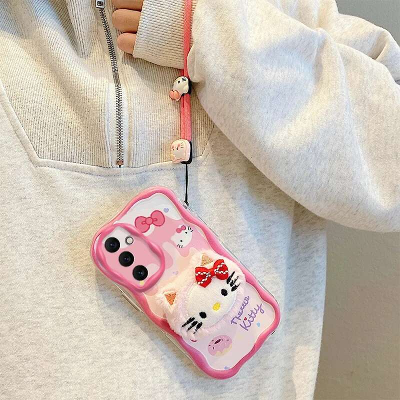 3D Cartoon Kitty Bear Fur Phone Case For Samsung Galaxy A52S A32 A12 A13 A23 A33 A53 A14 A15 A24 A34 A54 Wavy Toy Strap Cover