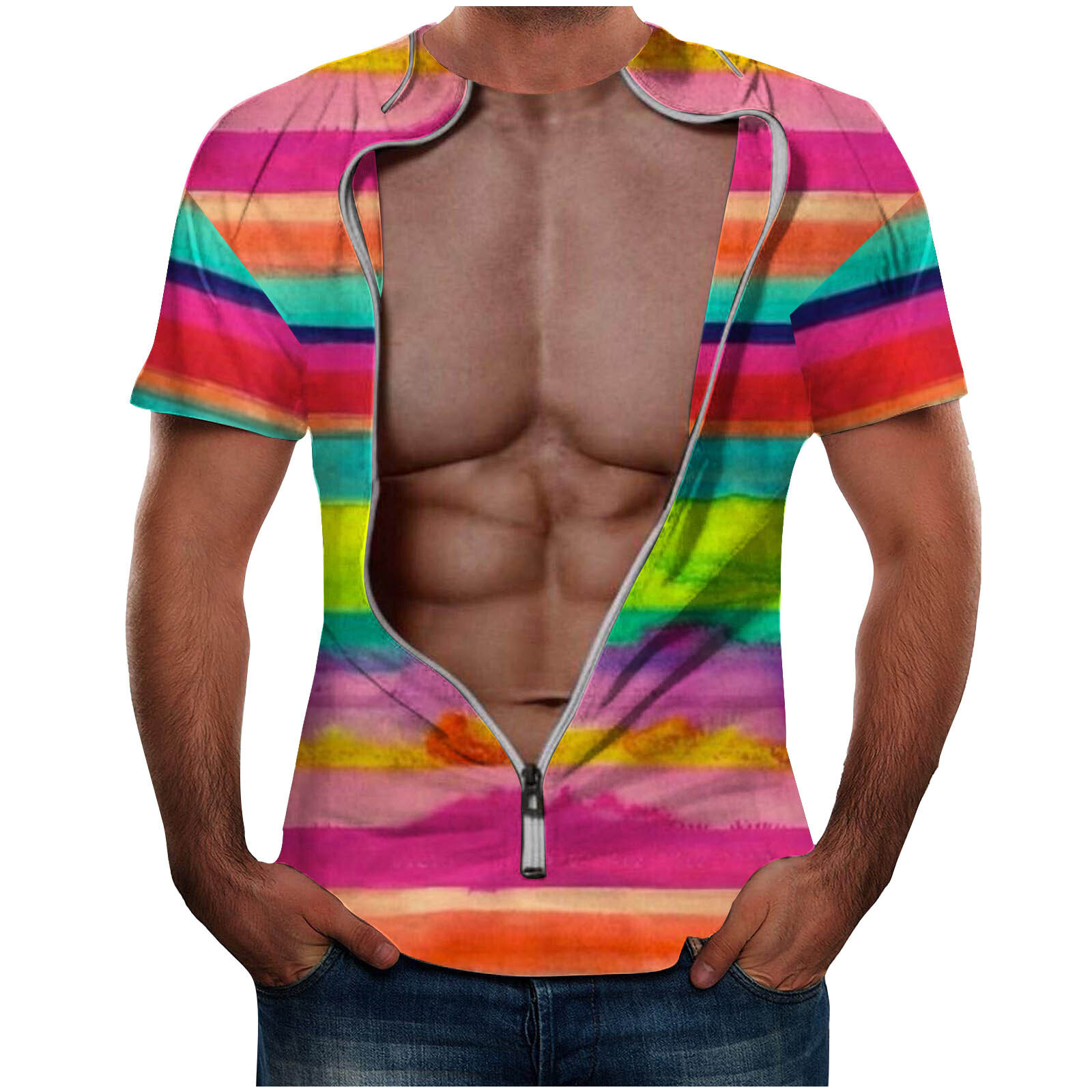 20243D printed mens short sleeved T-shirt spoof fake shirt 3D digital printed fun mens T-shirt