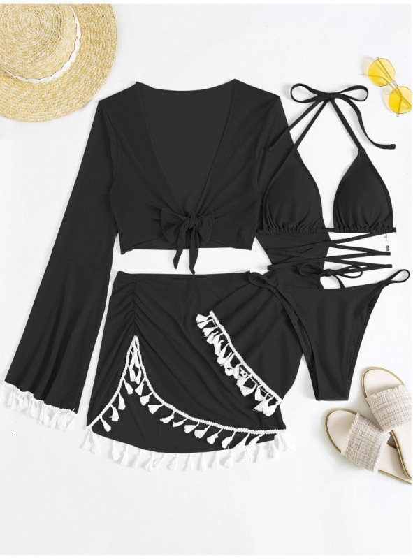 Fashionable trumpet long sleeved hooded shirt with tassel edge short skirt, split triangle sexy bikini four piece swimsuit for women