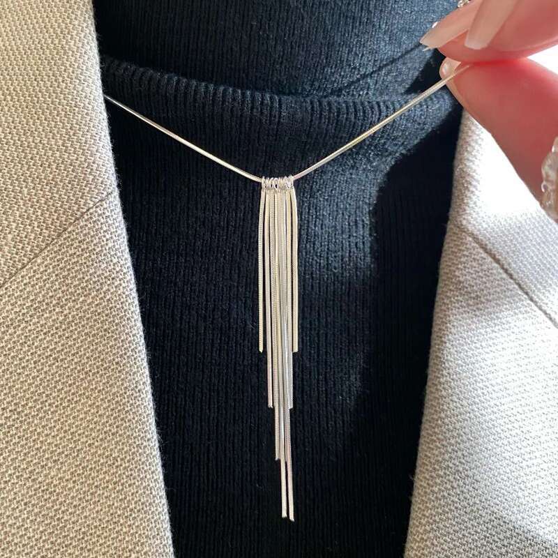 New S Sier Sparkg Long Choker Snake Bone Chain Tassel necklace For Women Simple Party Fine Jewelry Gift Wholesale