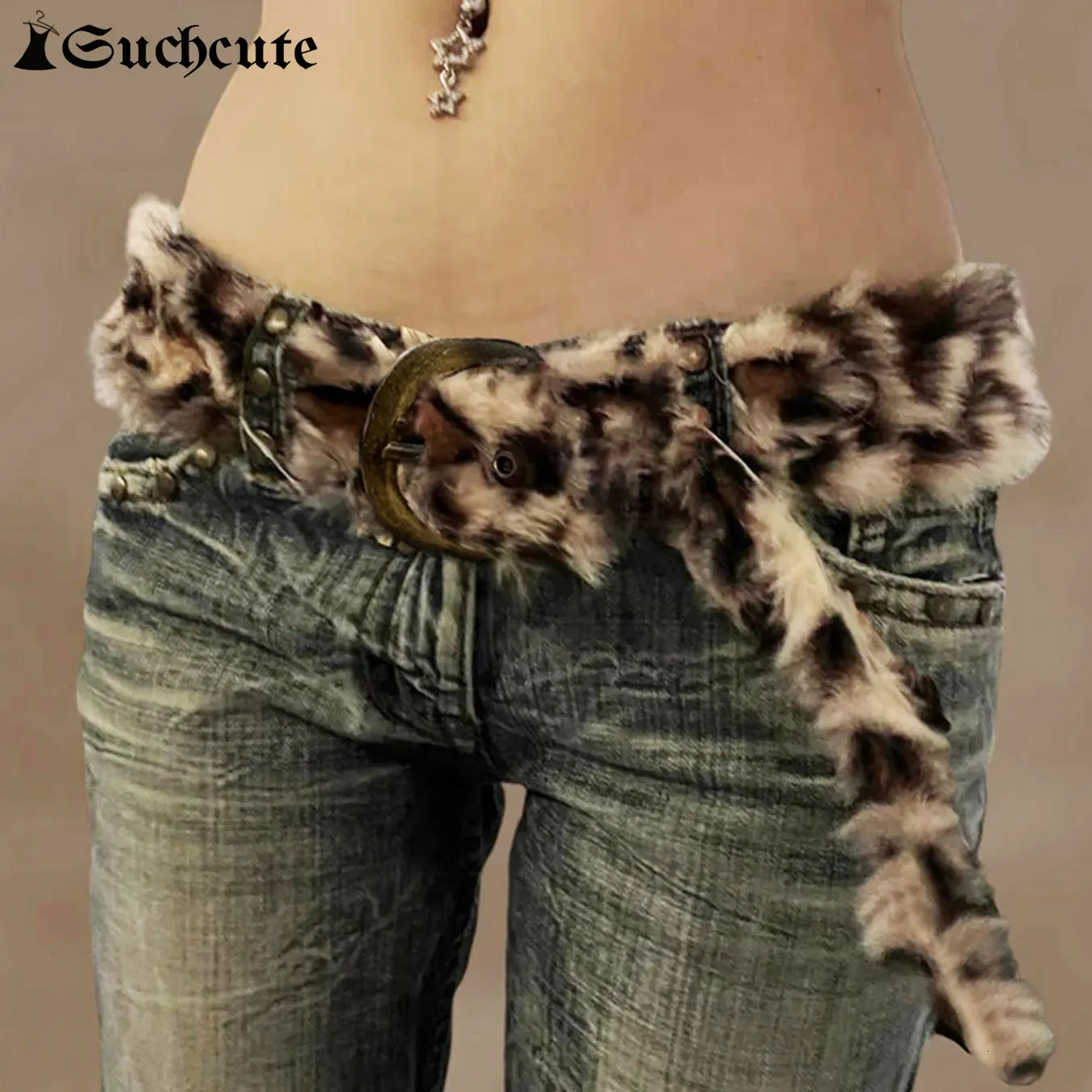 SUCHCUTE Leopard Print Fur Belts Chic Warm Hip hop Adjustable Accessorie Y2K Aesthetic 2000s Jeans Belt Personalized Grunge Belt 250402