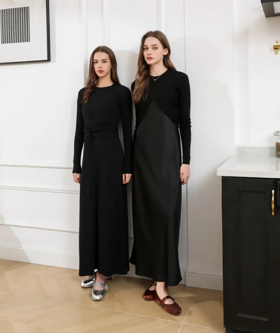 Spring/Summer Elegant Satin DressKnitted Top Matching Set Maxi Floor Length Womens Dress 250403