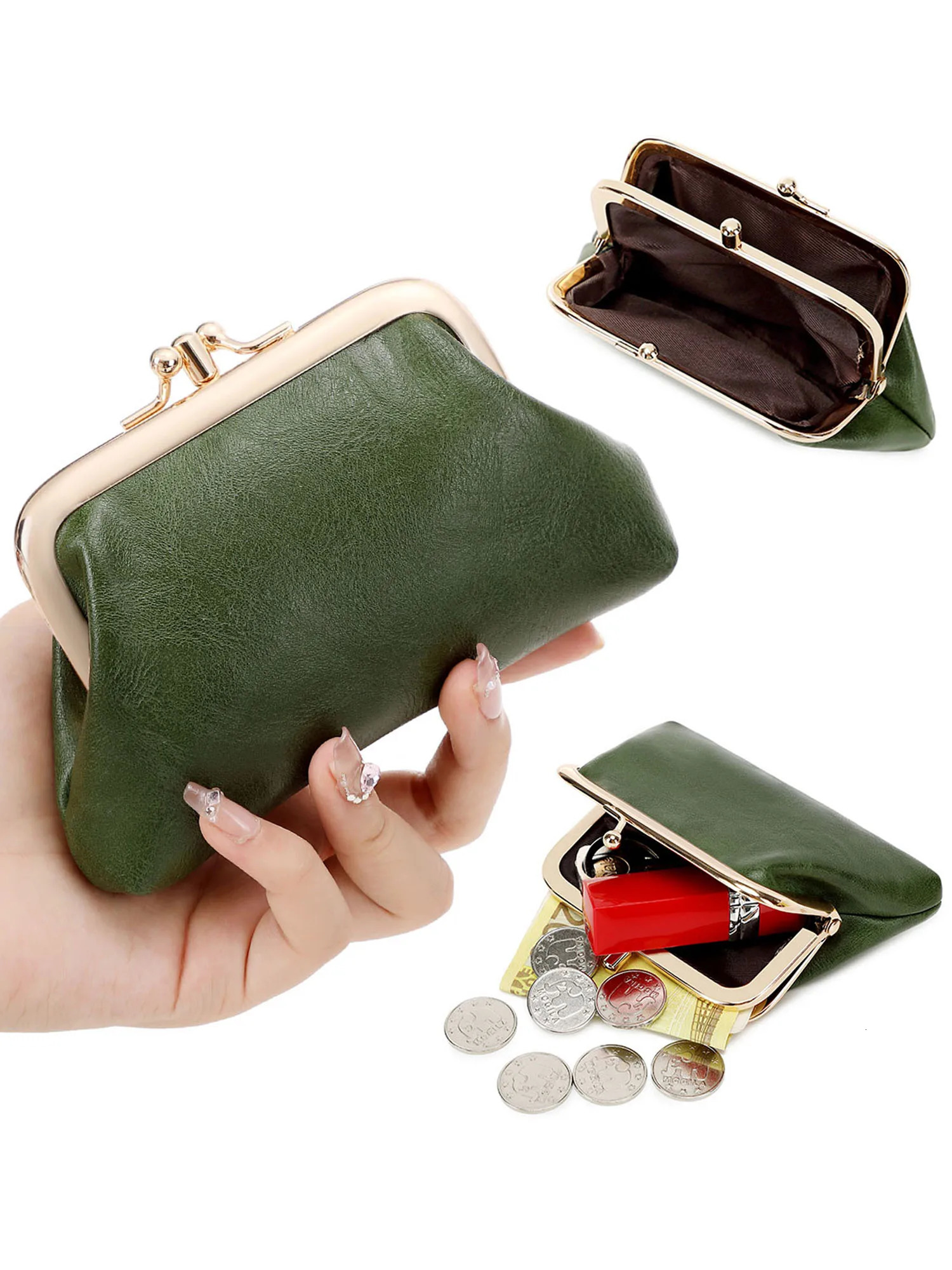 Vintage Solid Color Double Layer Clip Lock Womens Coin Purse Mini Cute Kiss Lock Small Wallet Portable Credit Cards Storage bag 251106