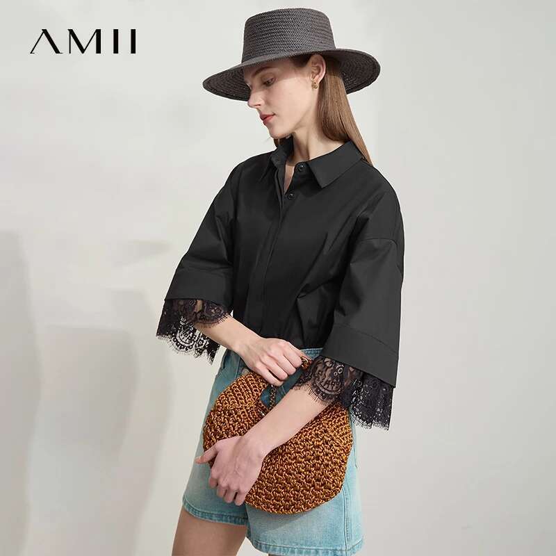 Amii Minimalist Cotton Shirts for Women 2025 Summer New Solid Lapel Shoulder Half-sleeve Lace Splicing Loose Tops 12542096