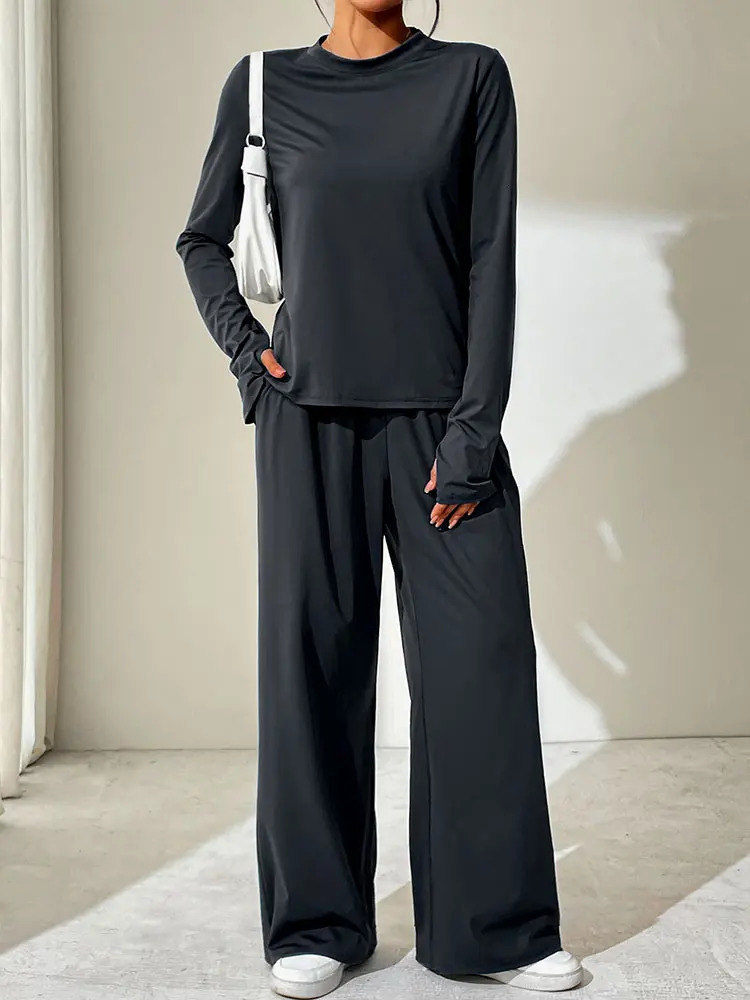 Spring Fashion Womens Long Sleeve Tshirt Trousers 2piece Street Clothing Oneck Solid Color Sexy Casual Slimming 250403