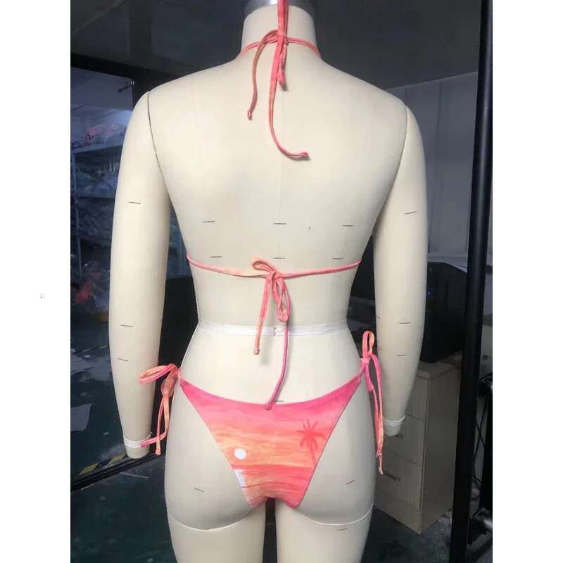 2024 Beach Print Swimsuit for Women,2-piece 3-point Bikini,rose Red,low Waist Thong,drawstring Lace-up,V-neck Suspender,backless