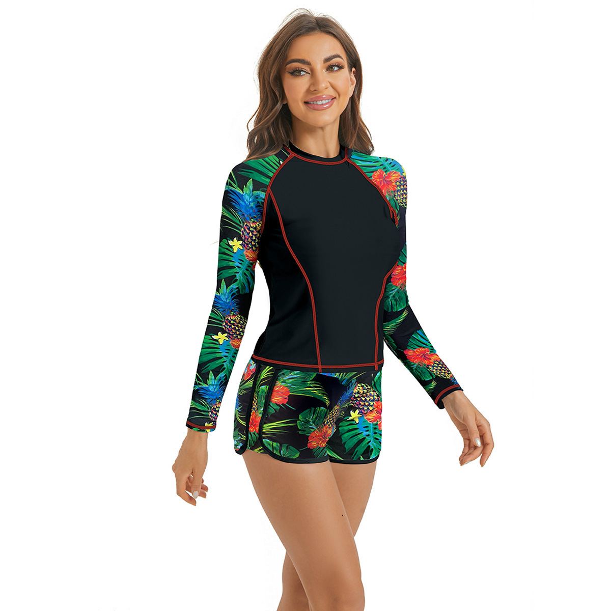 New printed spliced long sleeved pullover flat corner shorts set for surfing women's swimsuit