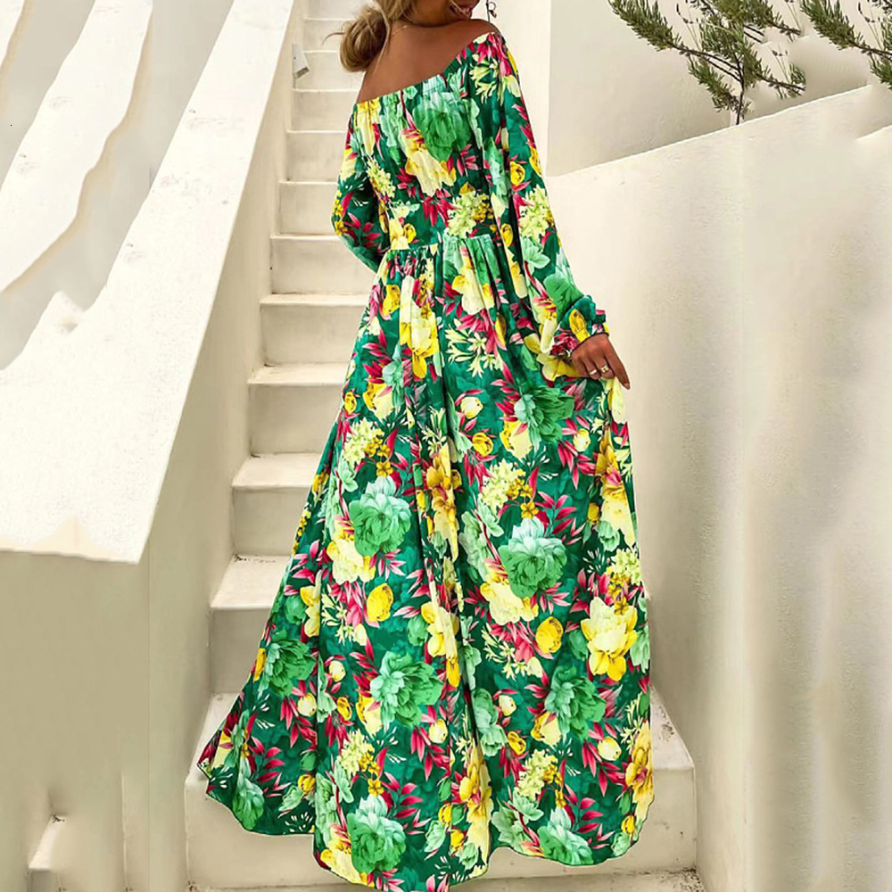 2025 Summer New Bohemian Vacation Style One Collar Large Swing Skirt Fashion Printed Dress