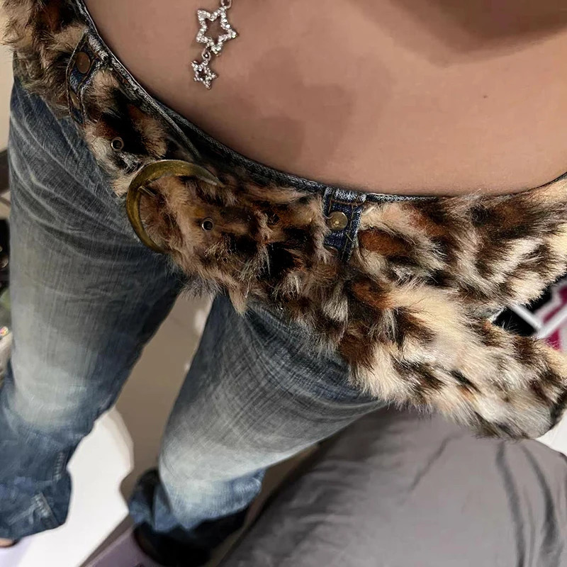 SUCHCUTE Leopard Print Fur Belts Chic Warm Hip hop Adjustable Accessorie Y2K Aesthetic 2000s Jeans Belt Personalized Grunge Belt 250402