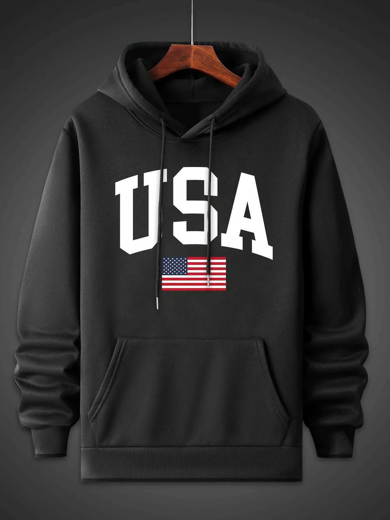 Mens autumn and winter fashionable casual loose oversized American flag printed pullover hooded long sleeved sweatshirt W251106
