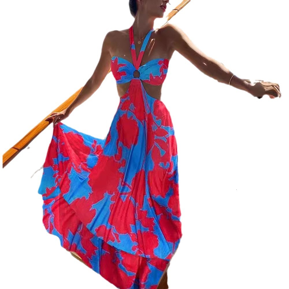 2025 New Suspender Two-color Dress Bohemian Dress Printed V-neck Sleeveless Dress