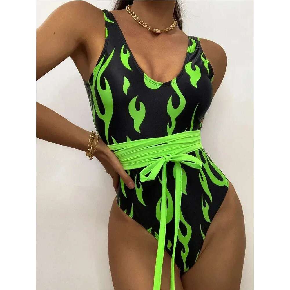Flame-print One-piece Swimsuit 2025 Women Sexy U-neck Slim Beach Bikini Suspender Backless Monokini Summer Swimwear Bodysuit