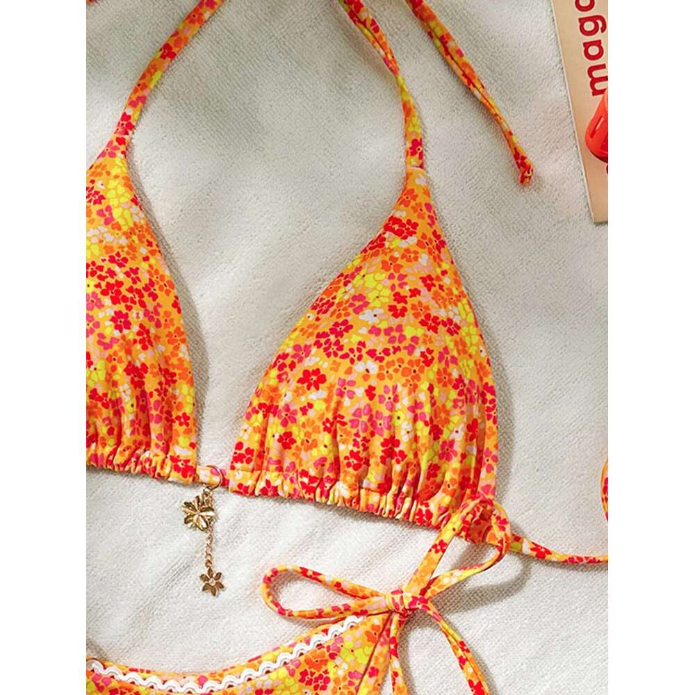 Sexy Orange ral Print Bikini 2025 Metal wer Designer Push Up Micro Swimsuit Brazilian Bathing Suit Tie Side Thong Swimwear
