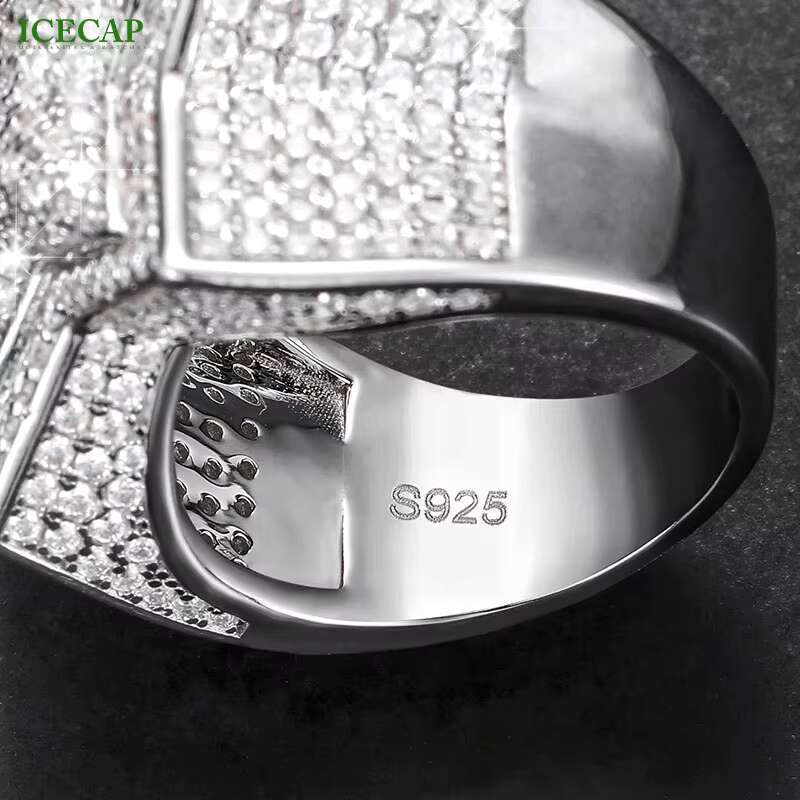 925 Sterling Silver 3D Mens Hip Hop Ring VVS Moissanite Iced Crystal Pentagram Stars Baguette Shape Unisex Rhodium Anniversary