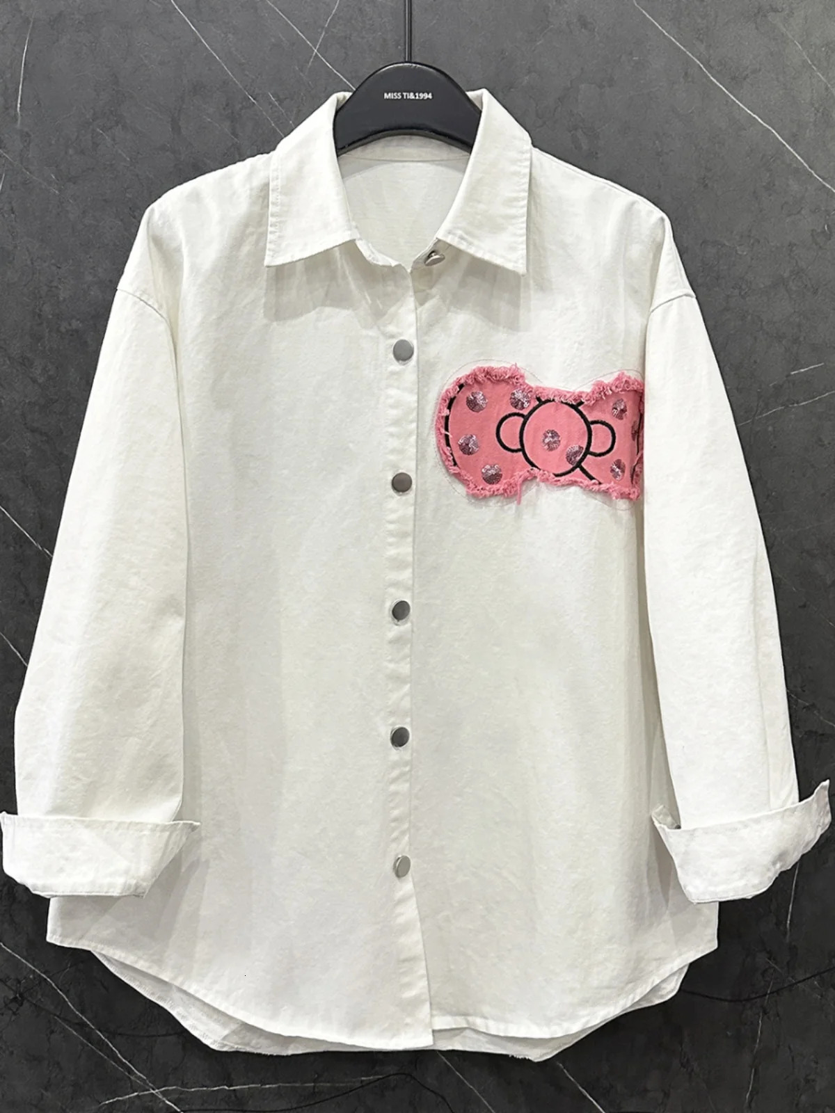 SpringSummer Heavy Industry Patch Embroidered Rabbit Bow Denim Shirt Jacket Long Sleeve Womens Loose Casual Top 250403