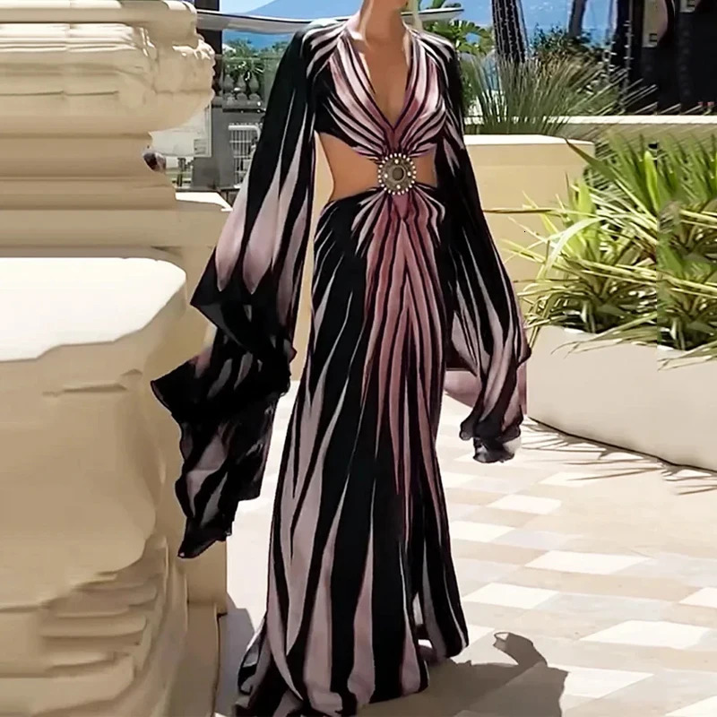 Wefads Maxi Dress Womens Clothing Free Delivery Printed Long Bat Sleeves V-neck Backless Hollow Slotted Holiday Dress 250401