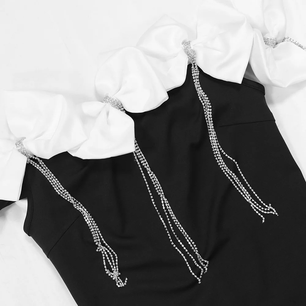 CM. YAYA Womens Bow Tassel Slant Neck Long Dress Autumn/Winter Sexy Birthday Party Street Long Dress Vestidos 250402