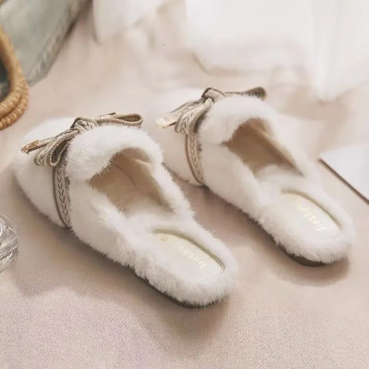 Bow Fur Flats Women Slippers Plush Slingback Mules Shoes Winter Home Cotton Casual Woman Flip-flops Trend Mujer Boots 251106