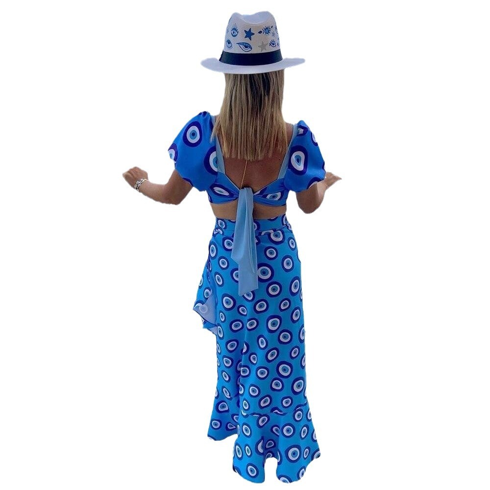 2025 Summer New Sexy Wrapped Chest Printed Strap Skirt Top Pants 3-piece Set Womens Wear