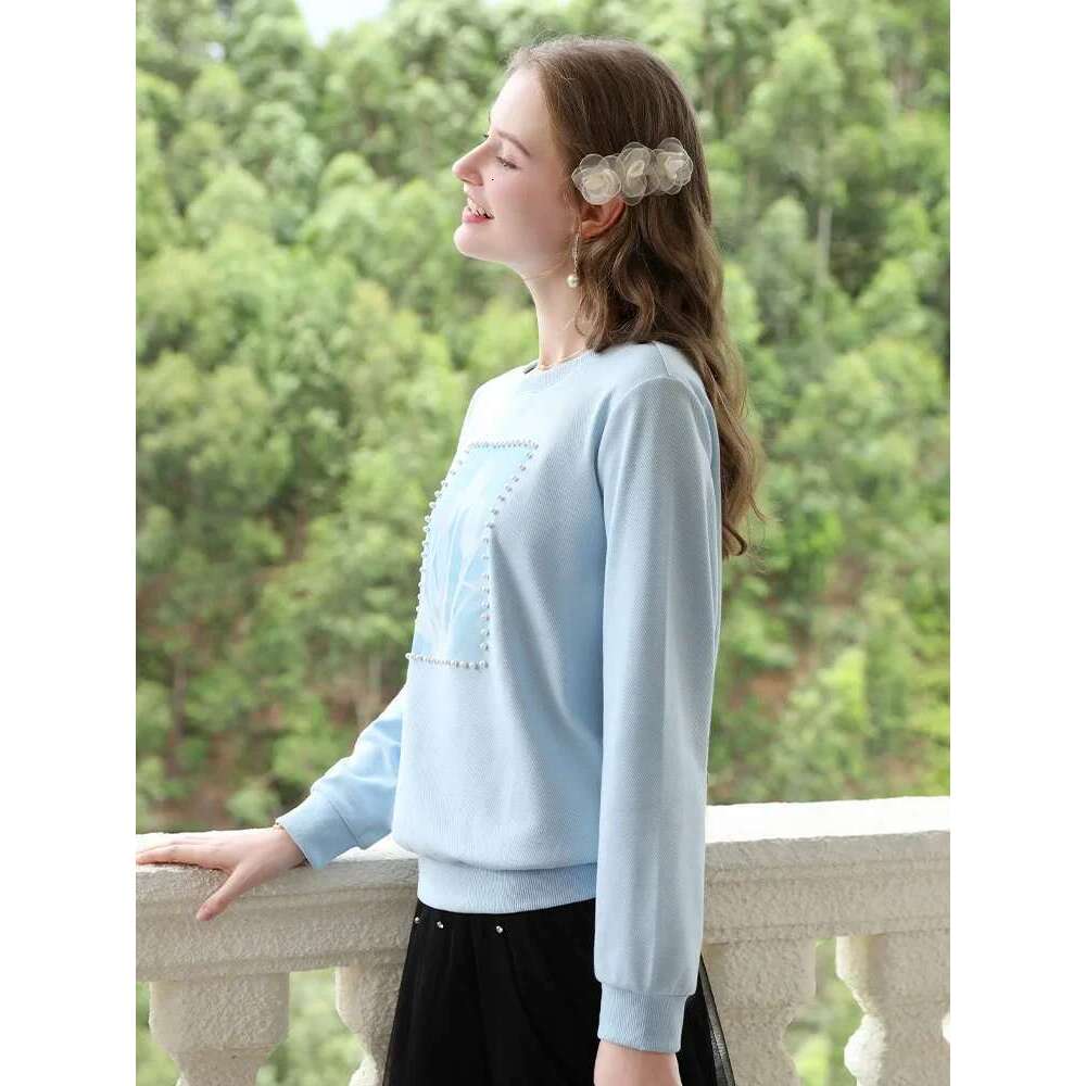 Blue Loose Hoodies Women Nail Bead Print Round Neck 2025 Autumn New Fresh Tops Soft Knitwears Jumper
