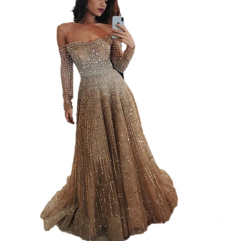 Sc2031 Internet Celebrity New Long Style 2025 Autumn and Winter Shiny One Shoulder Long Sleeved Strapless Dress