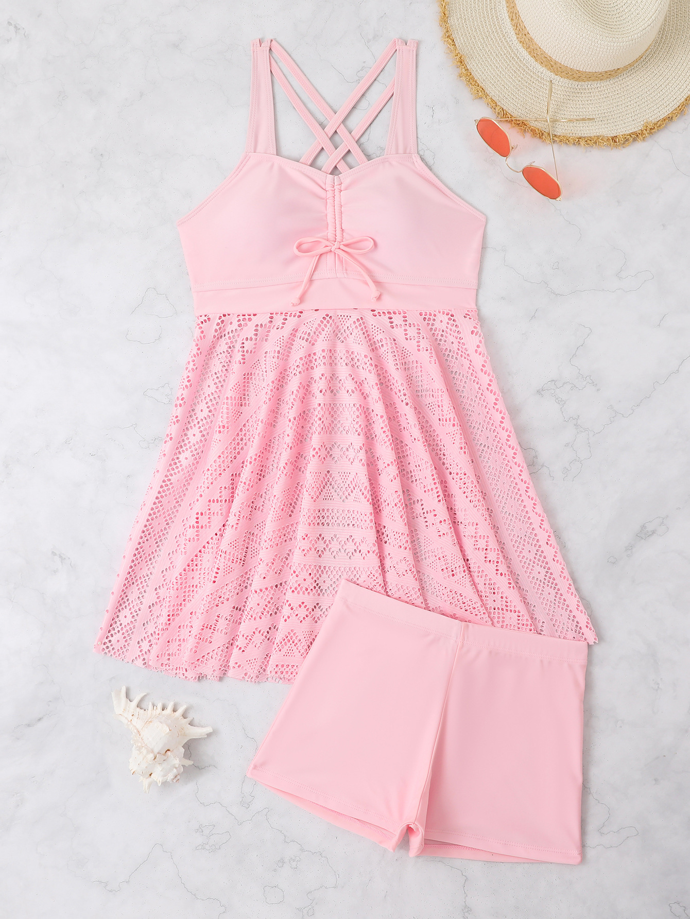 New spliced mesh multi-color skirt style split independent flat angle pants two-piece set fashionable bikini swimsuit for women