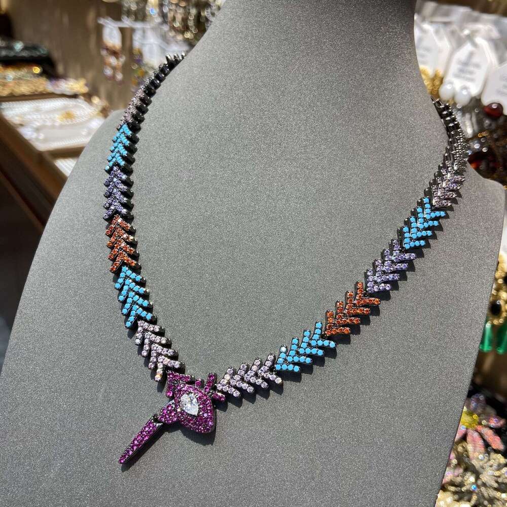 Hot Item Hip-Hop Trendy Jewelry Sets Necklaces Rhombus Cuban Chain Colorful Zircon Splicing Snake Tail Personality Necklace
