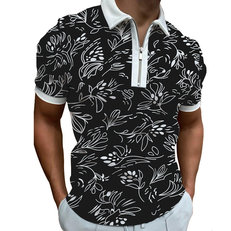 Spring new mens 3D printed casual polyester floral zipper POLO short sleeved T-shirt