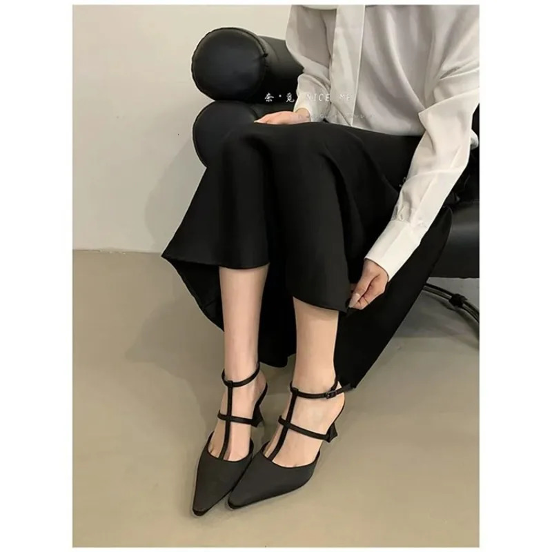 Bow Shoes Buckle Sandals Suit Female Beige Summer Heels Shallow Mouth Strap Black Girls Pointed High Stiletto Closed 251105