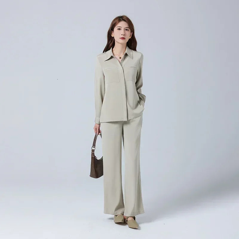 Heavy duty Womens Silk Shirt Pants Set Simple Mulberry Long Sleeve Two Piece Coat 250403