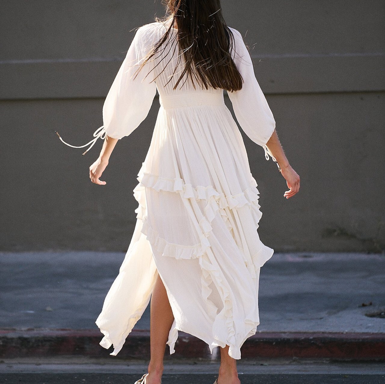 2025 Autumn New Style U-neck Ruffled Lace Patchwork Slit Gentle Big Swing Dress Long Skirt