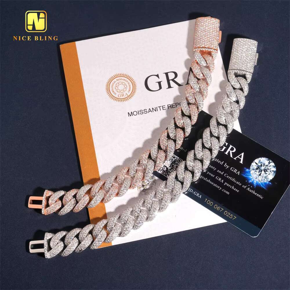 15mm Silver Plated Custom Iced Out VVS Moissanite 925 Silver Two Tone Hip Hop Style Jewelry Diamond Cuban Link Chain Bracelet