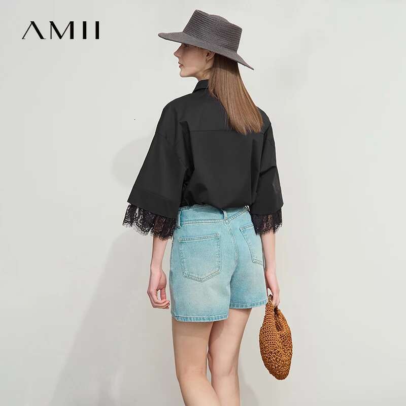 Amii Minimalist Cotton Shirts for Women 2025 Summer New Solid Lapel Shoulder Half-sleeve Lace Splicing Loose Tops 12542096