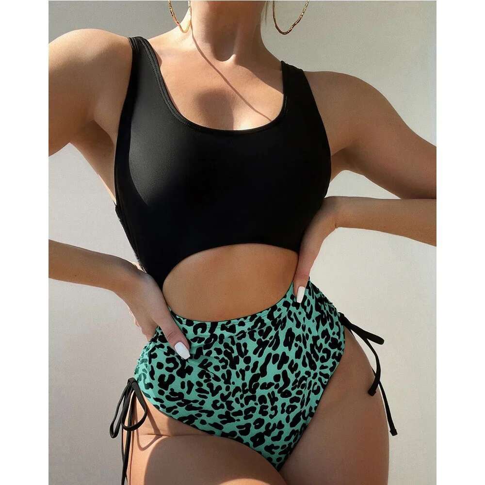 2024 Leopard Print Bikini High Waist One Piece Swimsuit for Women Sexy Hollow Out Swimwear Summer Beach Vacation Monokini New