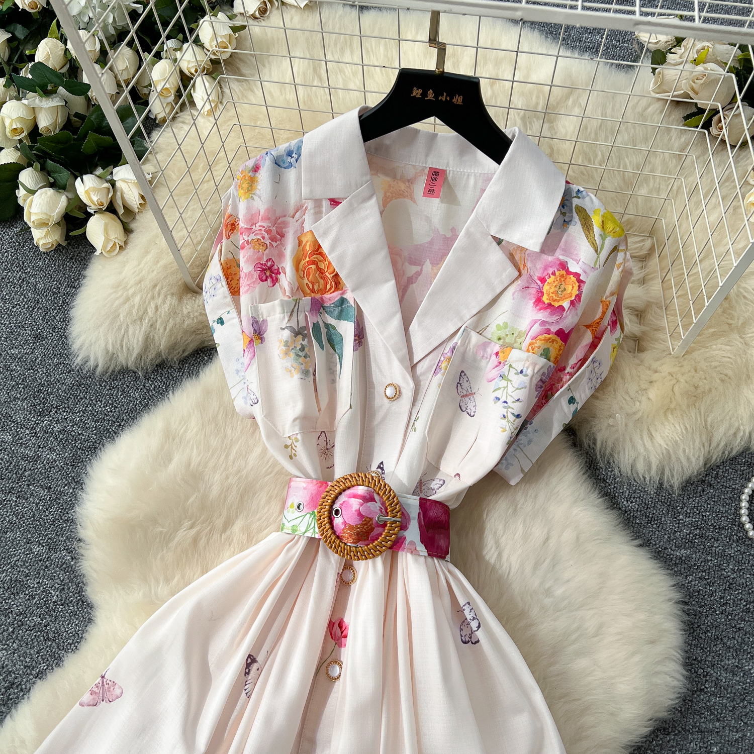 Basic Casual Dresses Elegant Holiday Gorgeous Flower Evening Dresses Women Notched Vintage Print Belt Long Party Dress Female Casual Holiday Clothing 