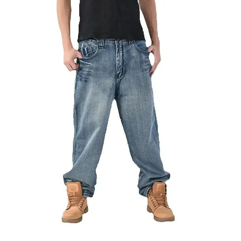 Big Size 44 46 Streetwear Jeans Hip Hop Men High Waist Multi Pocket Baggy Straight Pants Autumn Denim Pants Jean Washed Length Trousers P028