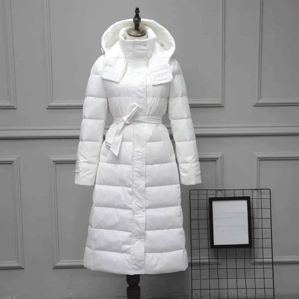 White Duck Down Jacket Women 2024 New Winter Long Hooded Warm Belt Slim Down Coat Female Korean Office Lady Casual Fashion W251106