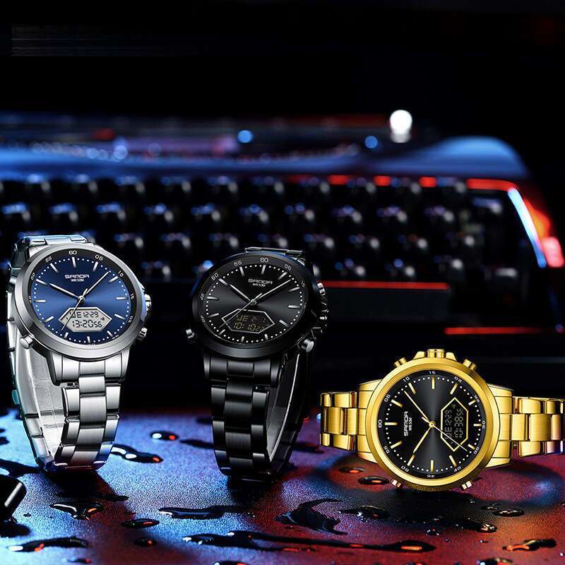 DHwatches Sanda Electronic Waterproof Multifunctional Fashion Casual Leather Steel Strap Men's Business Watch