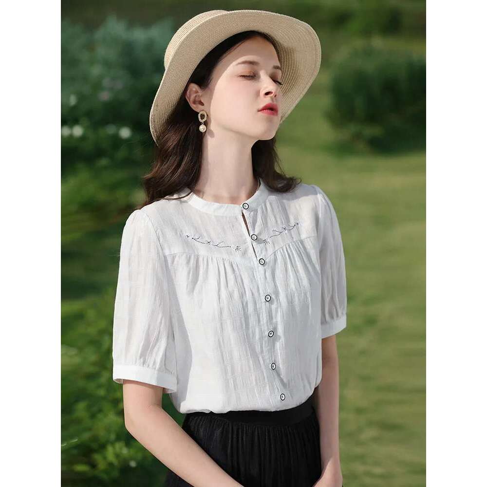 Chinese Puff Short-Sleeve Women Shirts 2025 Summer New Embroidery Chic Trendy Female Basics Blouses