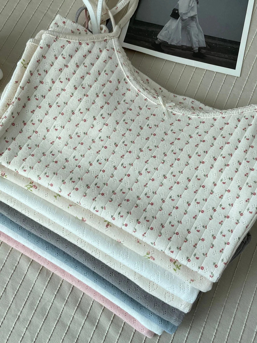 Flower eyed bow cotton crop top summer lace decoration sleeveless slim fit vest womens preparatory student sweet vest Y2k dress 250403