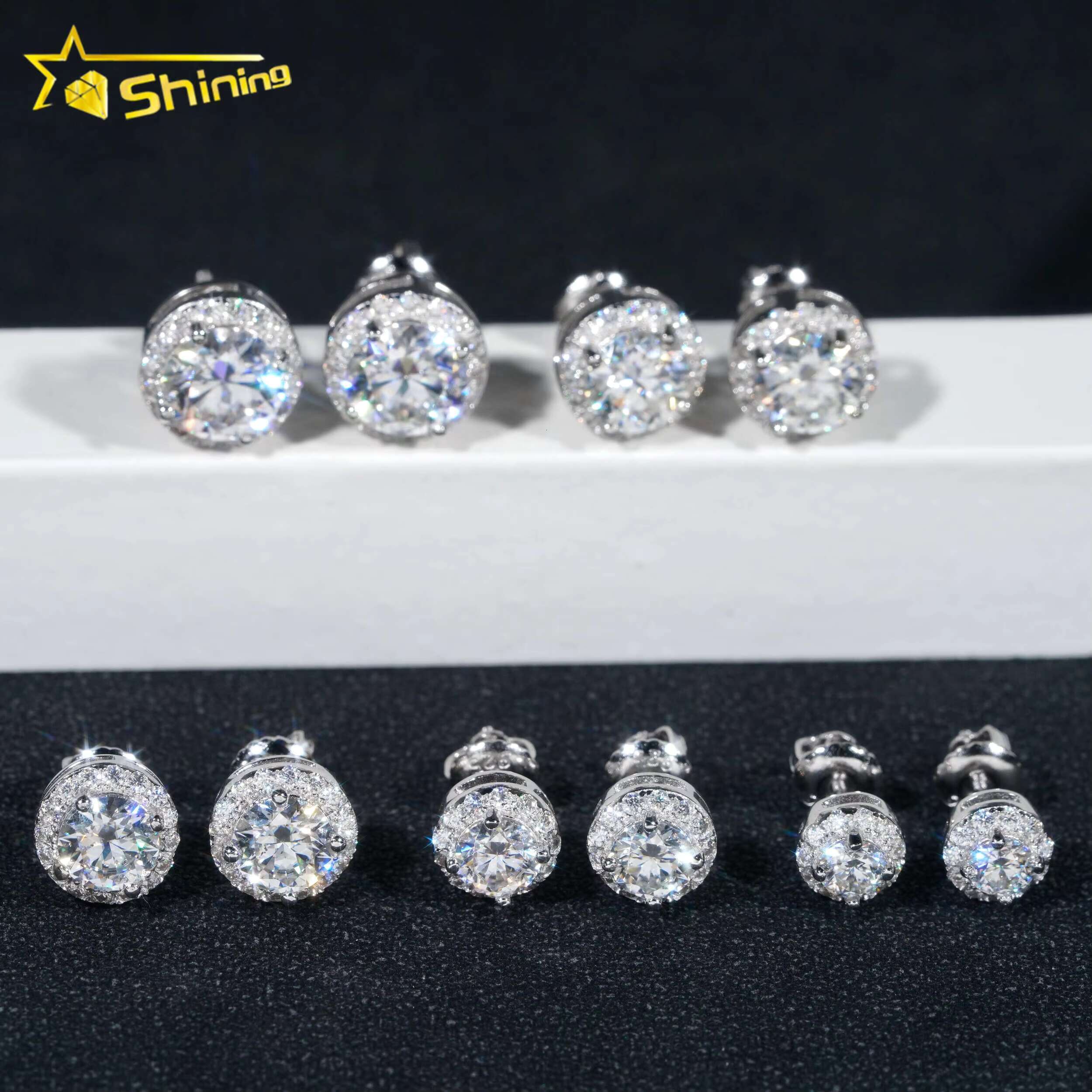Hot Selling Hip Hop Style 6.5MM 8MM 9MM Sier Halo Design Moissanite Dia Stud Earrings