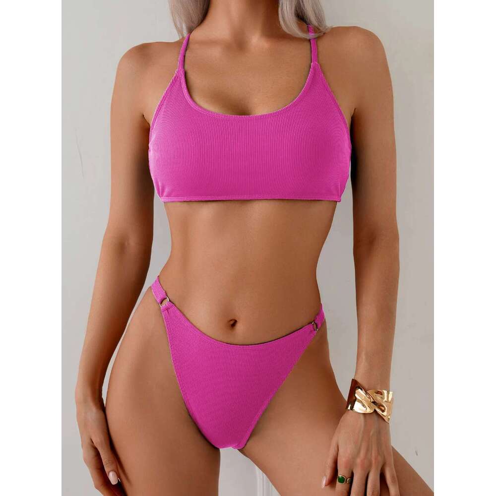 Pure Color Bikini Set Women's Sexy Thong Swimsuit Suspender Backless 2 Piece Swimwear Beach Vacation Bathing Suit Swimming Pool