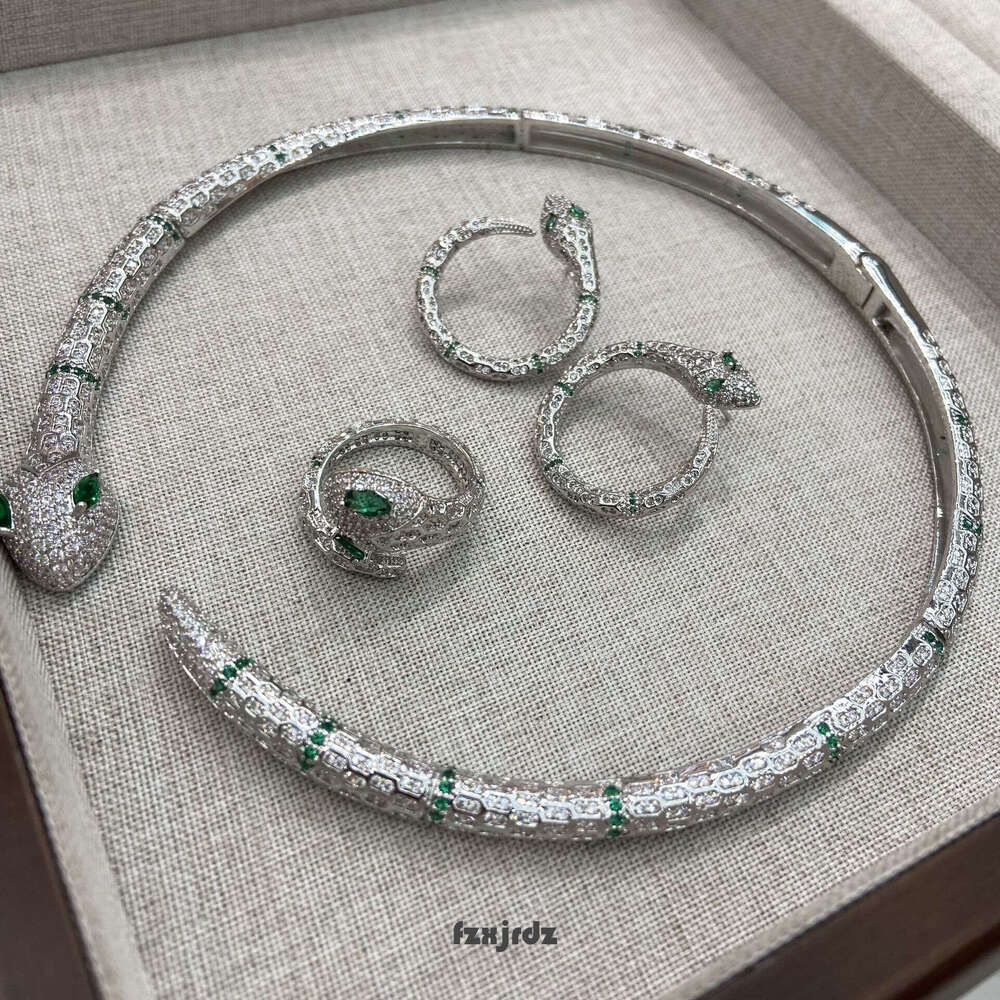 Real Gold Plated Zircon Snake-Shaped Personality Necklaces Small Snake Earrings Women's Ring Set Fashion Full Diamond Light Luxury Jewelry