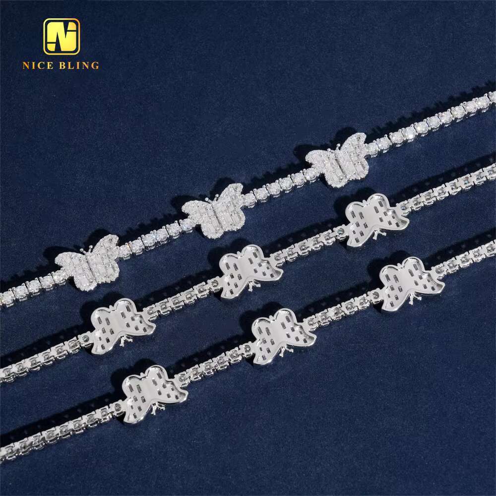 New Butterfly Design Hip Hop Jewelry Custom Iced Out 3mm Round Diamond Tennis Chain 925 Sterling Silver VVS Moissanite Bracelet