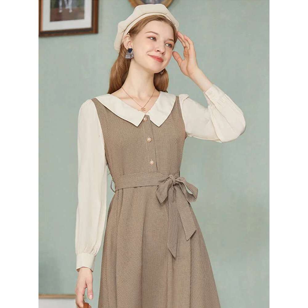 New Spring 2025 Women Dress Retro Preppy Style Doll Collar Waist Temperament Lace-Up Fake Two Dresses