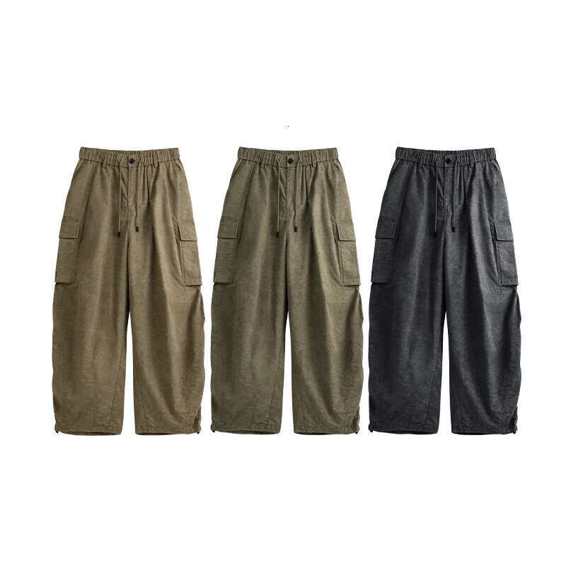 Faded Plaid Wide-Leg Cargo Pants For Men Loose American Washed Casual Pant Streetwear