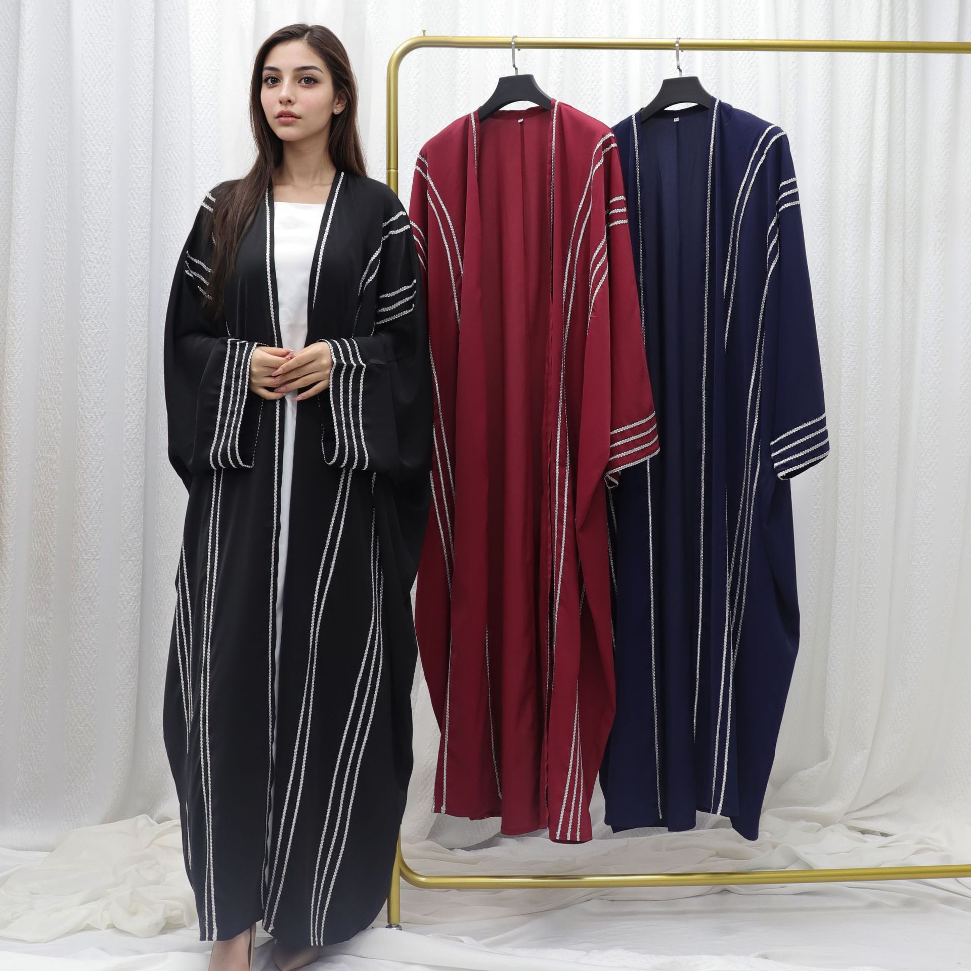 Dubai Women's Solid Color Ribbon Trimmed Long Robe Cardigan Abaya Maxi Dresses Islamic Clothing