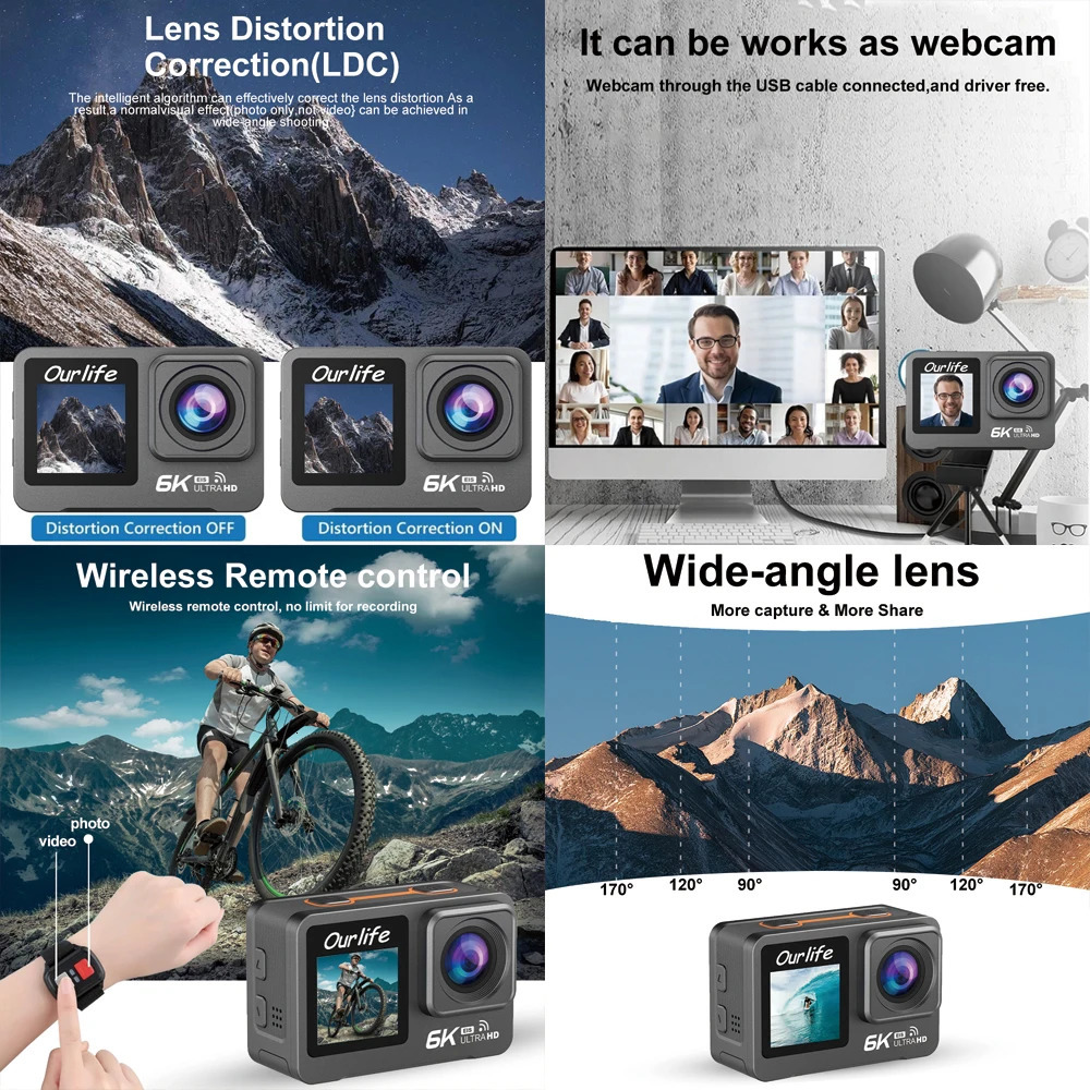 6K 4K60FPS Action Camera 50MP 2.0 Touch LCD Dual Screen EIS WiFi 170° DVR 30M Waterproof 5X Zoom Sport Camera With Remote 250402